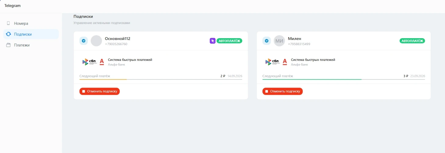 Подписки и управление оплатой в приложении Telegram внутри CRM